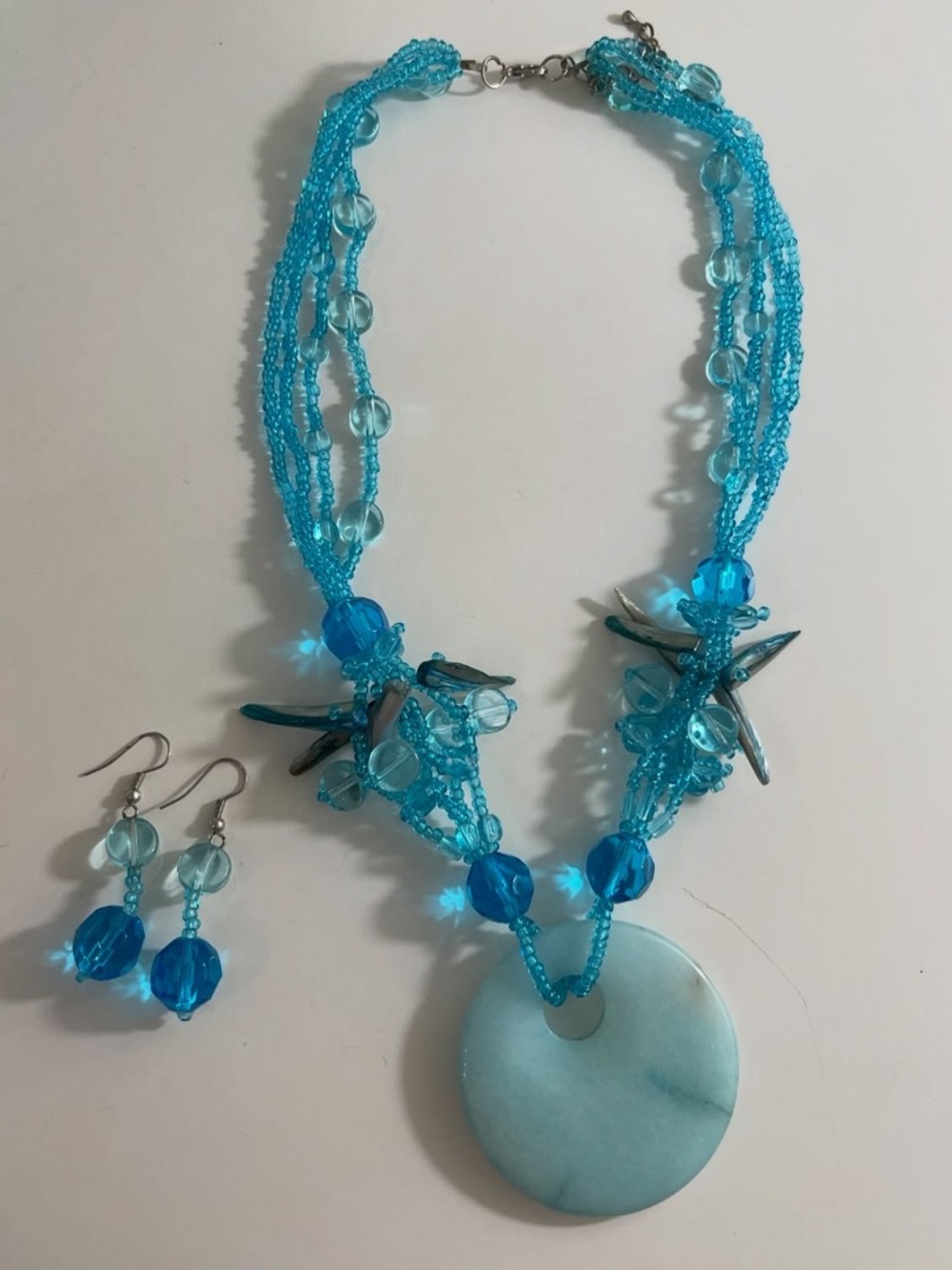 Vintage Larimar Stone Glass Shell Blue Beaded Statement Necklace & Earrings Set